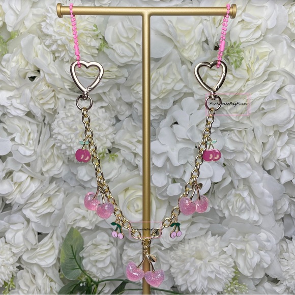Baby Pink Heart Cherry Bag Charm Chain Purse Charm Chain Strap FortunateBagFinds - Picture 12 of 12